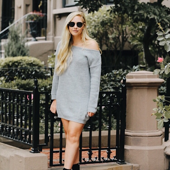 Gray Knit Off the Shoulder Sweater Dress - Picture 2 of 5